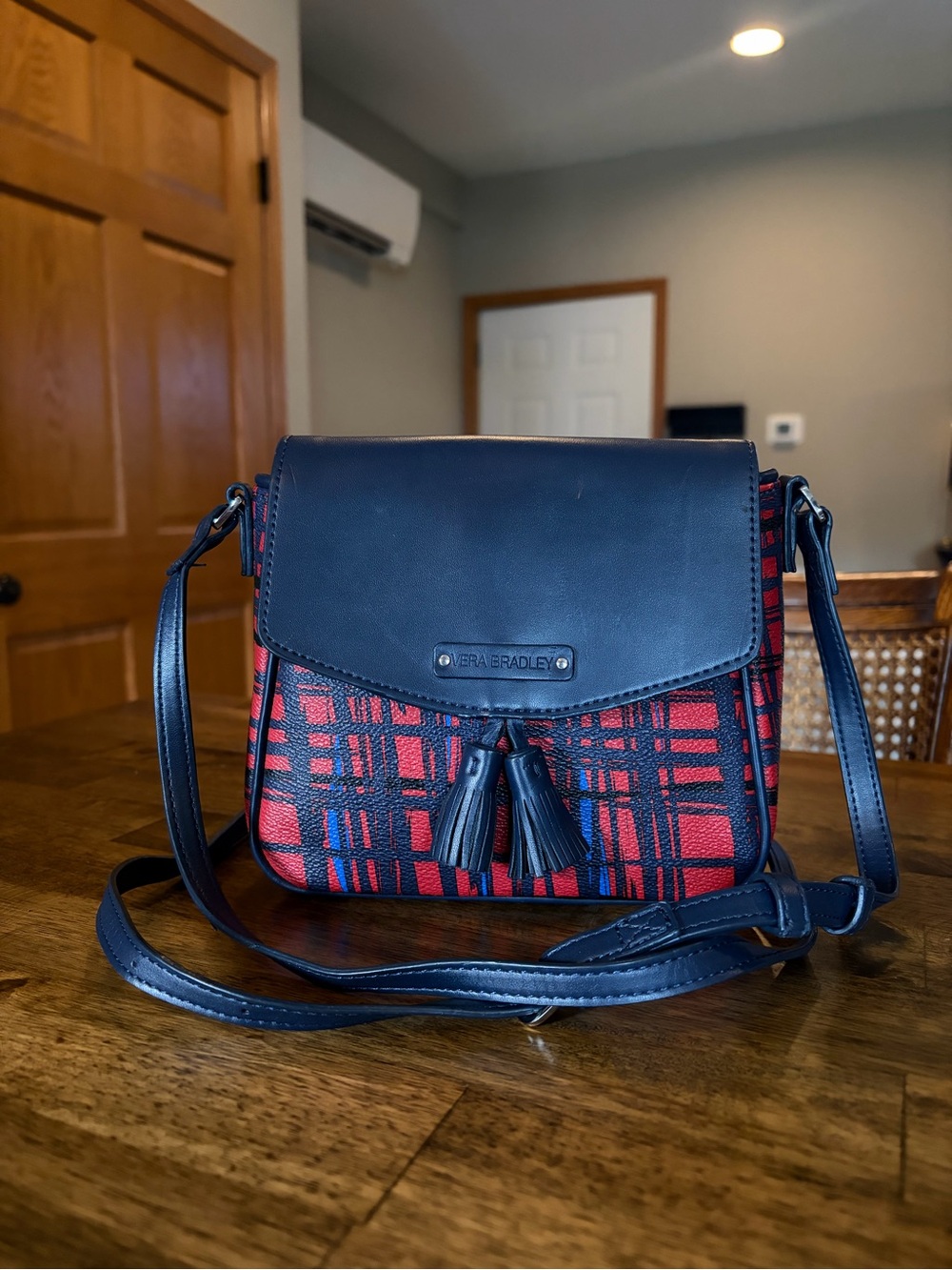 Vera Bradley Navy & Red Plaid Crossbody  Bag W/ Flap and Tassel